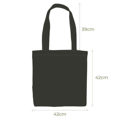 Tote Bag measures, 42cm Square, 39cm looped Handles, 9cm gusset